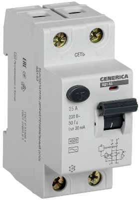 Выключатель дифференциального тока (УЗО) 2п 25А 30мА тип AC ВД1-63 GENERICA ИЭК MDV15-2-025-030