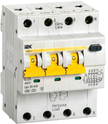 Выключатель автоматический дифференциального тока 4п (3P+N) C 25А 30мА тип A 6кА АВДТ-34 ИЭК MAD22-6-025-C-30
