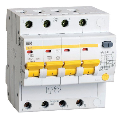 Выключатель автоматический дифференциального тока 4п C 63А 30мА тип AC 4.5кА АД-14 ИЭК MAD10-4-063-C-030