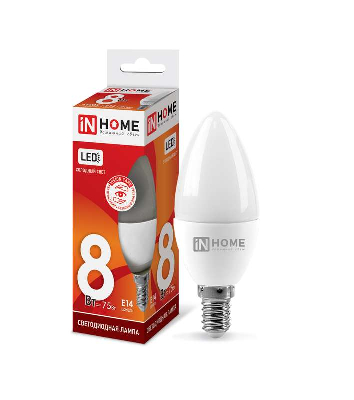 Лампа светодиодная LED-СВЕЧА-VC 8Вт 230В E14 6500К 600лм IN HOME 4690612024806