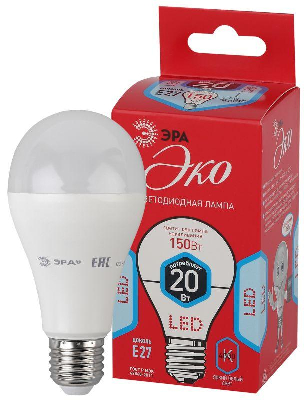 Лампа светодиодная ECO A65-20W-840-E27 (диод груша 20Вт нейтр E27) (10/100/1200) ЭРА Б0031710