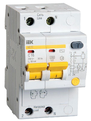 Выключатель автоматический дифференциального тока 2п C 16А 30мА тип AC 4.5кА АД-12 ИЭК MAD10-2-016-C-030